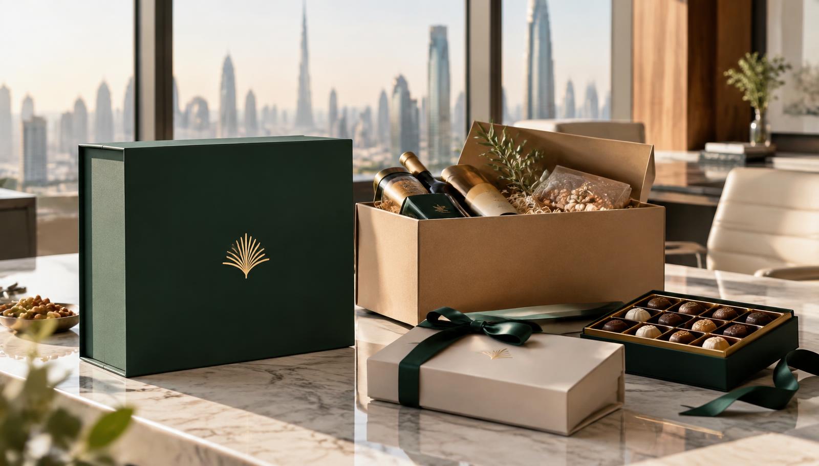 Luxury custom gift boxes on a marble table in a Dubai office