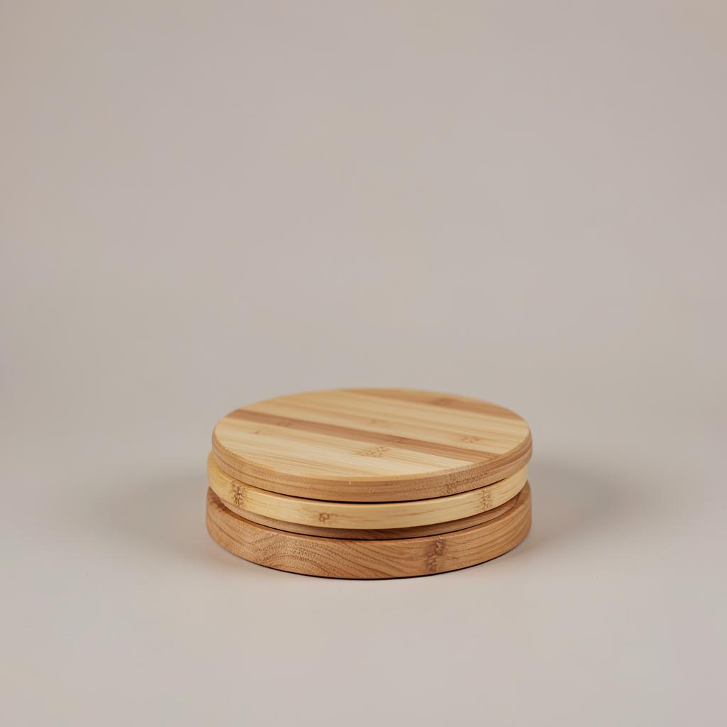 Bamboo Coaster Set — Round bamboo coasters with holder.