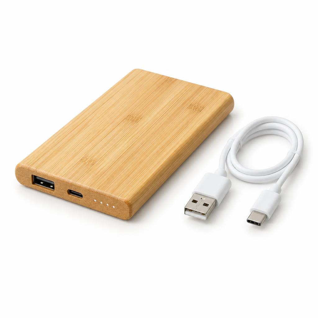 Bamboo Powerbank — Bamboo Powerbank branded to your artwork — abs with soft-touch coating options, laser engraving and full colour matching, produced in Dubai.