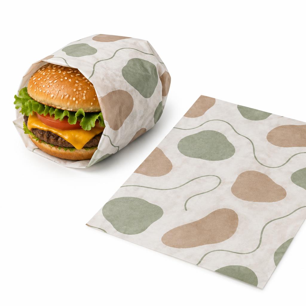 Custom Burger Wraps — Custom Burger Wraps branded to your artwork — 350gsm folding box board options, matt / gloss lamination and full colour matching, produced in Dubai.