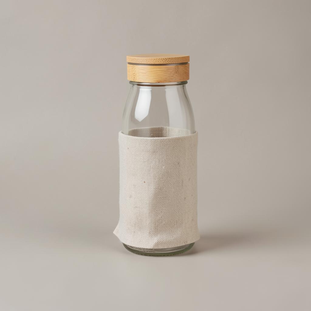 Glass Bottle With Bamboo Lid — Borosilicate glass bottle with bamboo lid and sleeve.