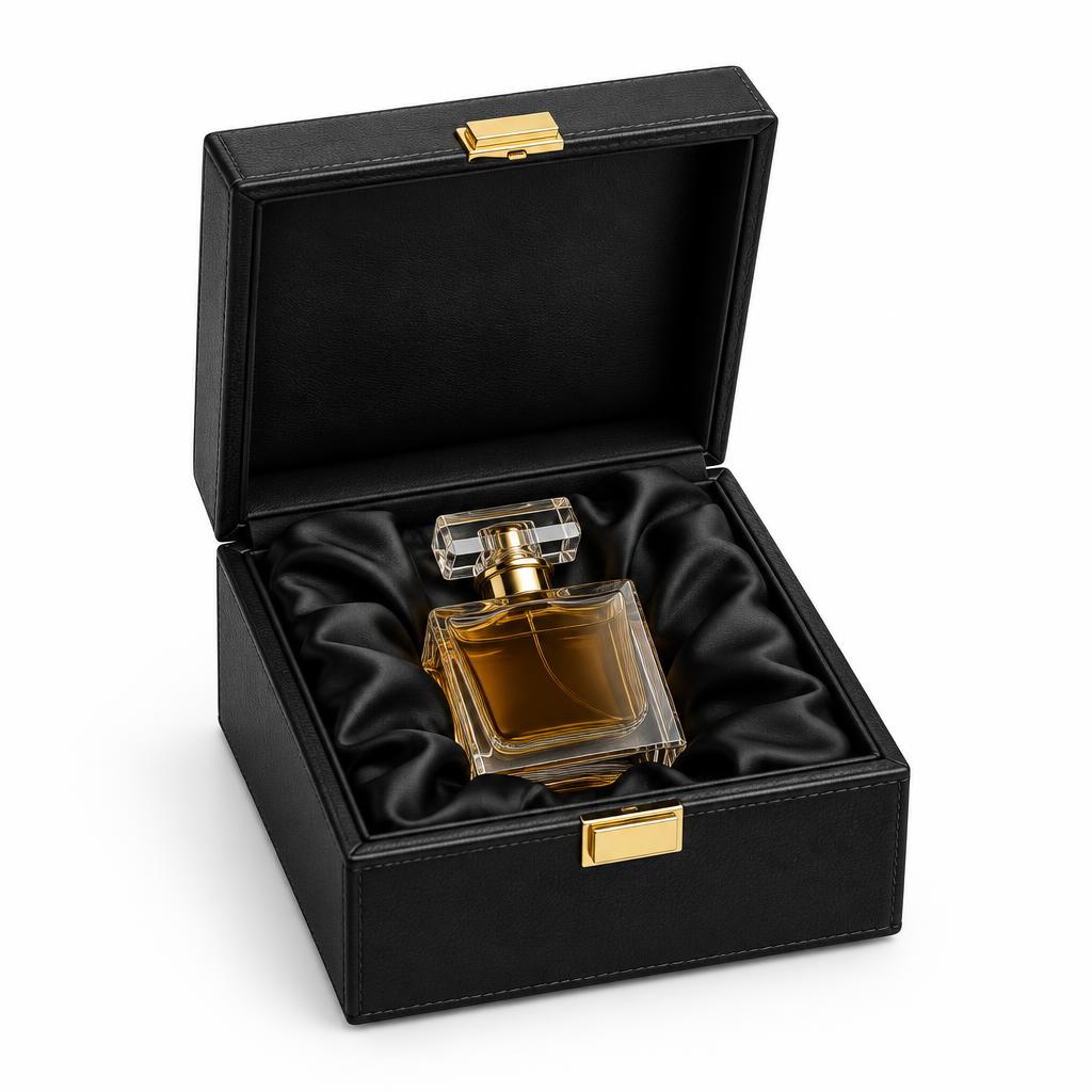 Leather Perfume Boxes — Leather Perfume Boxes branded to your artwork — 350gsm folding box board options, matt / gloss lamination and full colour matching, produced in Dubai.