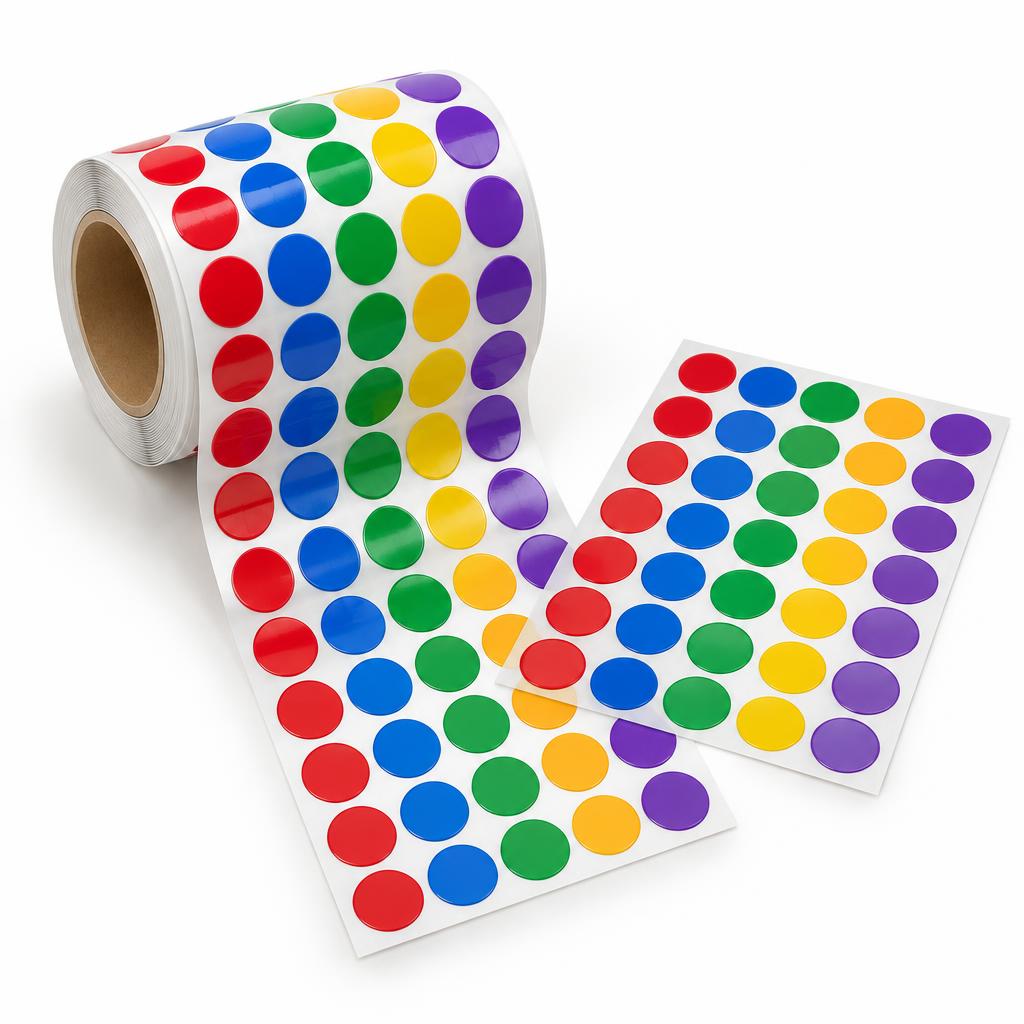 Small Vinyl Round Stickers — Small Vinyl Round Stickers branded to your artwork — self-adhesive paper options, matt or gloss lamination and full colour matching, produced in Dubai.